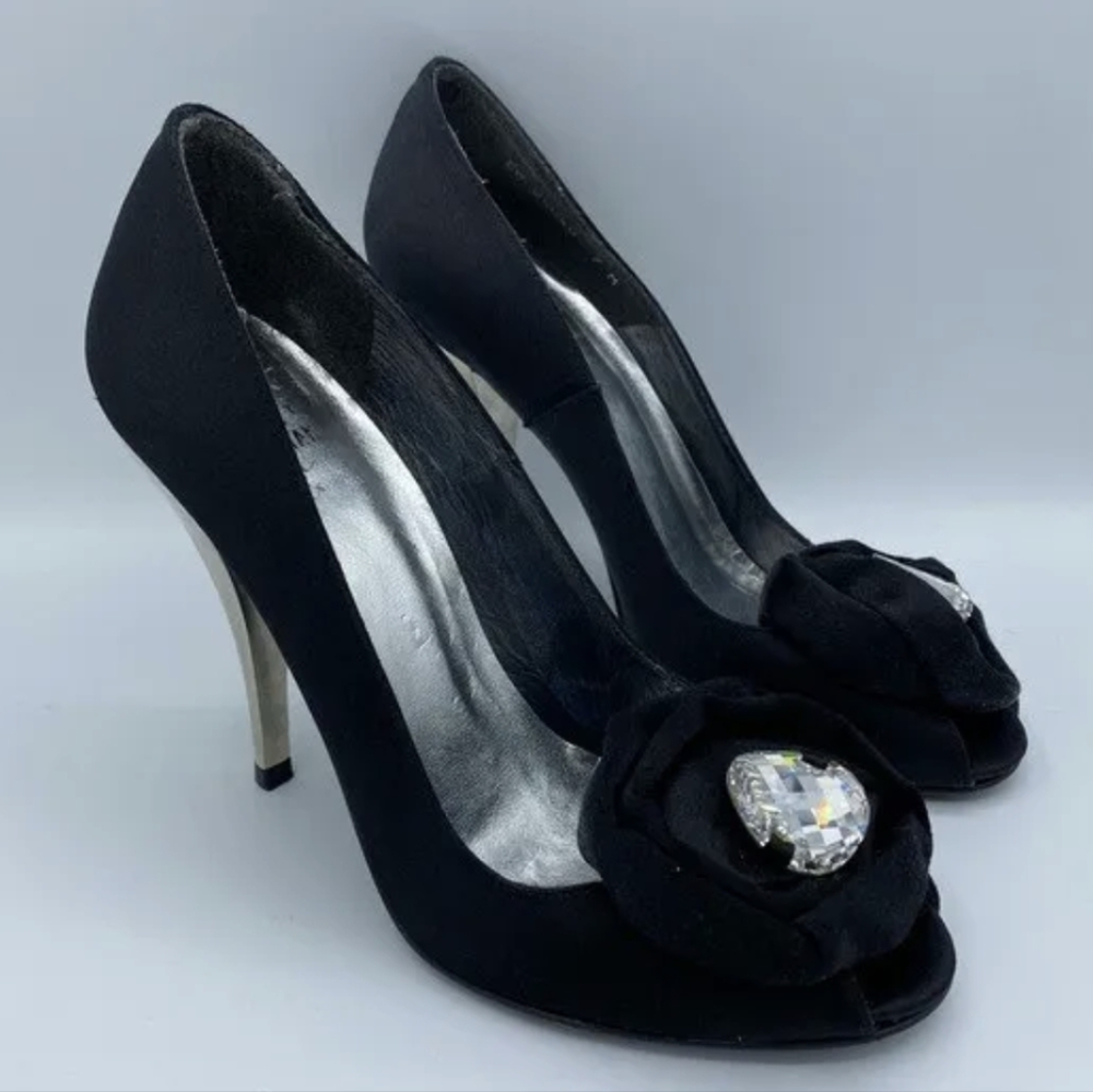 Stuart Weitzman Black Satin & Swarovski Chrome-Heeled Peep-Toe Pumps Sz 9